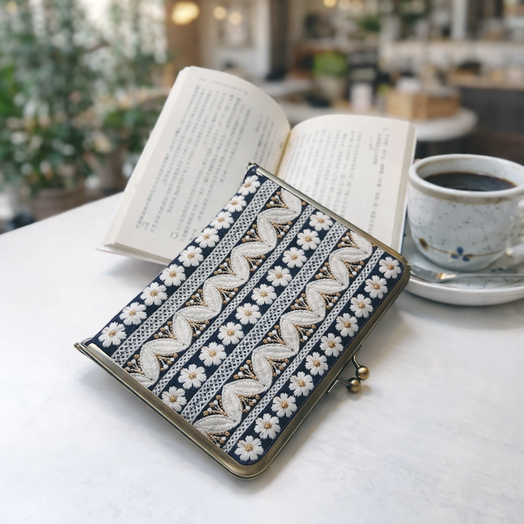 洋裁の先生が作る【ブックカバー】手帳カバー　選べる4サイズ（文庫本・ほぼにち　文庫本　インド刺繍リボン　ブラック