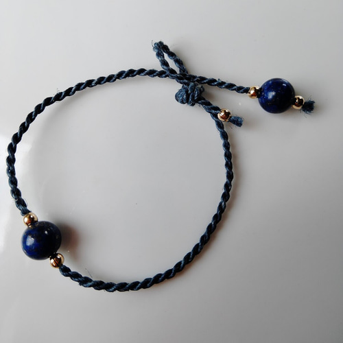 14KGF】藍錠染め精麻＆ラピスラズリ瑠璃ゴールドブレスレット◇インド
