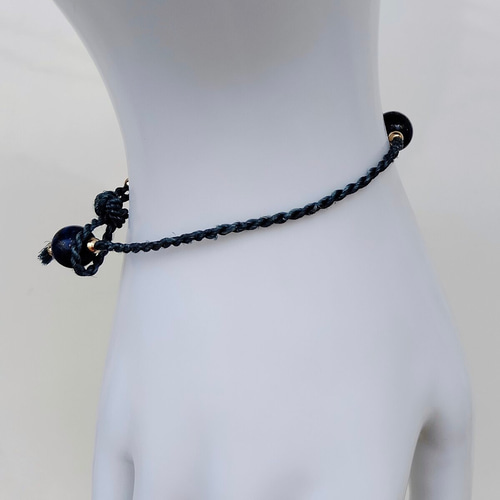 14KGF】藍錠染め精麻＆ラピスラズリ瑠璃ゴールドブレスレット◇インド