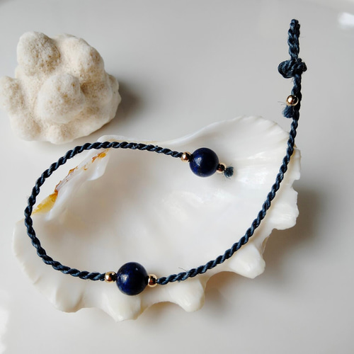 14KGF】藍錠染め精麻＆ラピスラズリ瑠璃ゴールドブレスレット◇インド