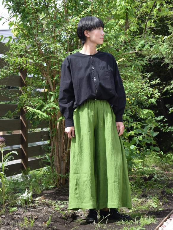 リネンガウチョパンツ リーフグリーン 秋物/グリーンパンツ/フレア