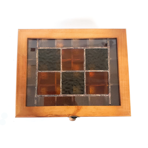 ステンドグラス　アンティーク調ガラス窓つき　木製アクセサリーケース　ジュエリーケース　オレンジ×グリーン 4枚目の画像