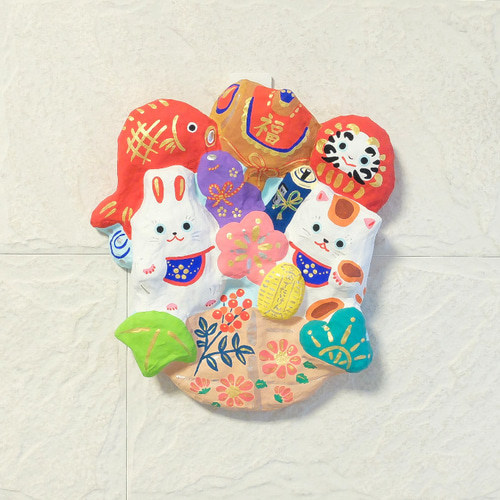 張り子 宝船-福卯と縁起物盛りだくさん-壁飾り(福) その他置物