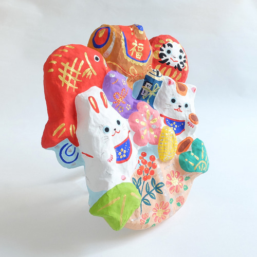 張り子 宝船-福卯と縁起物盛りだくさん-壁飾り(福) その他置物