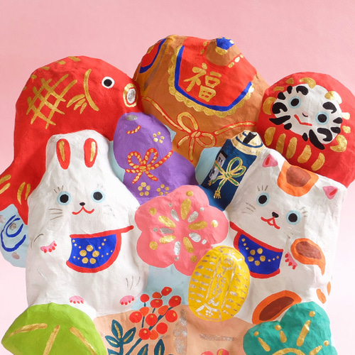 張り子 宝船-福卯と縁起物盛りだくさん-壁飾り(福) その他置物