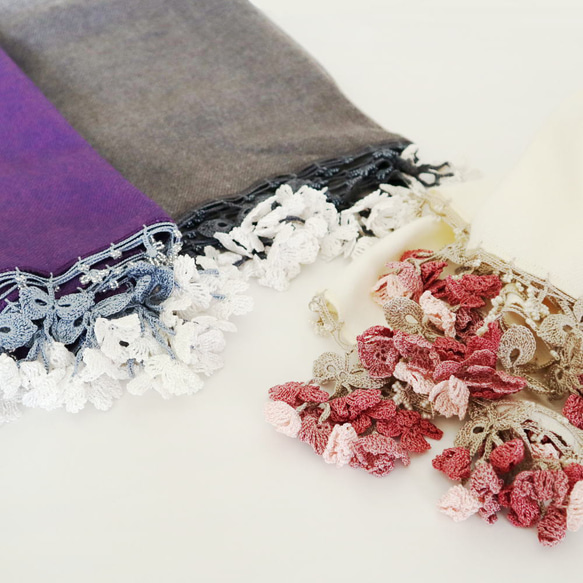 [Made to order] OYA Pashmina shawl [Flower of Wind] White 第8張的照片