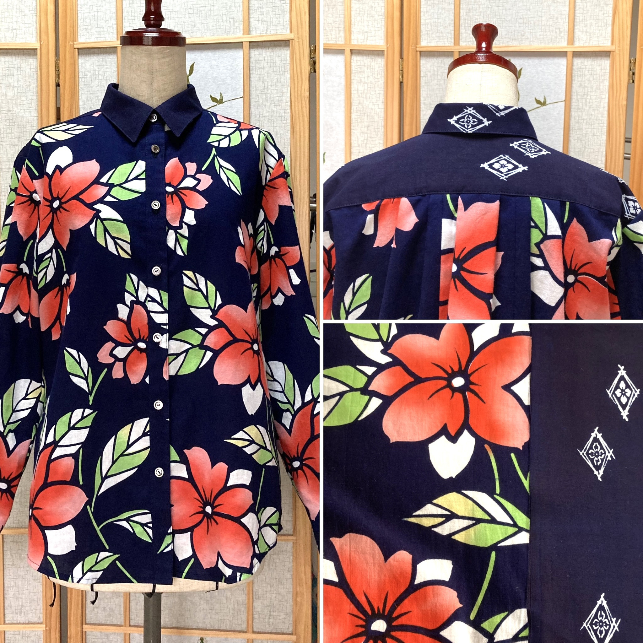 ☆浴衣リメイク☆ シャツブラウス(ネイビー／トロピカル風の花)