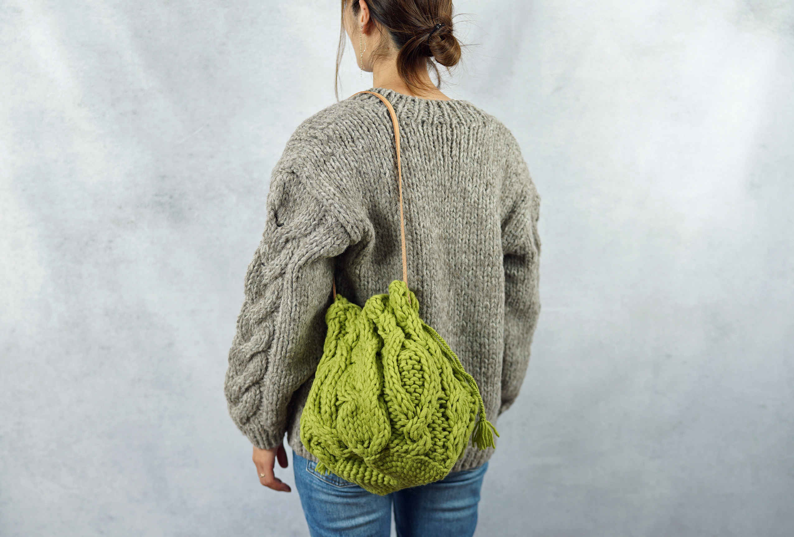 【即納可】ローゲージウール・巾着バッグ（N-420129-グリーン）・ペルーニット