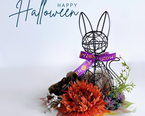 momom 0923様　ハロウィンバトンアレンジネコ17 オーダー品仏花 ハロウィンアレンジ 秋の模様替え ❁ アートフラワー バスケット
