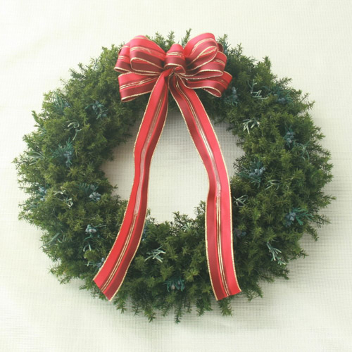 赤いリボンの王道クリスマスリース 針葉樹のシンプルなリース 大きめ