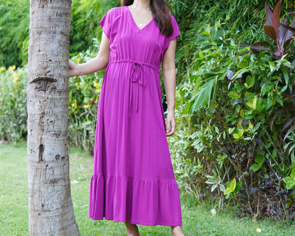 大きいサイズ】大人のVネックワンピース マゼンタ ワンピース