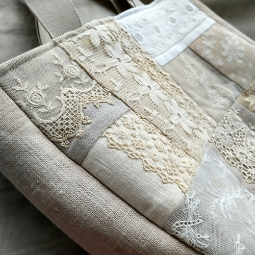 アンティークレース*パッチワーク*リネン*トートバッグ トート