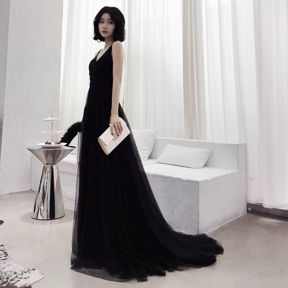 スパゲティストラップ ブラックドレス 二次会 前撮り 後撮り バスト ウエスト ヒップ