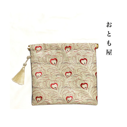 2way　絹帯バッグ　パーティーバッグ　孔雀　ハート　金　赤　アヴァンギャルド　和　モダン　和装着物　日本文化　伝統　華 2枚目の画像