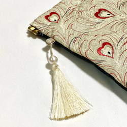 2way　絹帯バッグ　パーティーバッグ　孔雀　ハート　金　赤　アヴァンギャルド　和　モダン　和装着物　日本文化　伝統　華 9枚目の画像