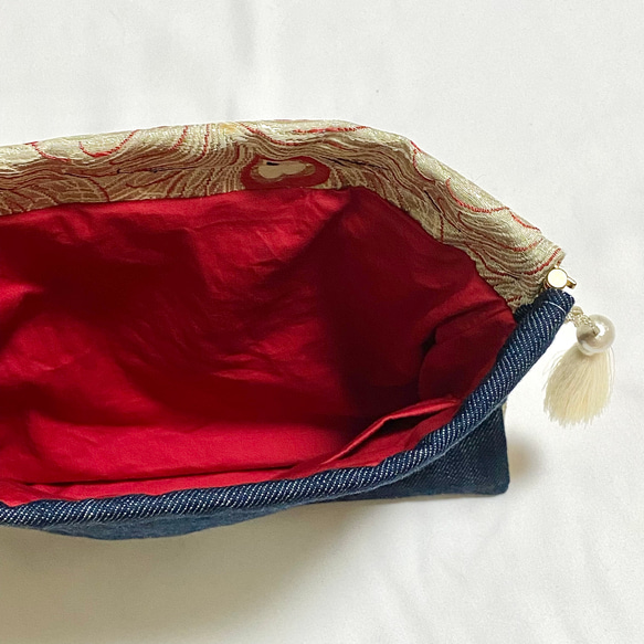 2way　絹帯バッグ　パーティーバッグ　孔雀　ハート　金　赤　アヴァンギャルド　和　モダン　和装着物　日本文化　伝統　華 8枚目の画像
