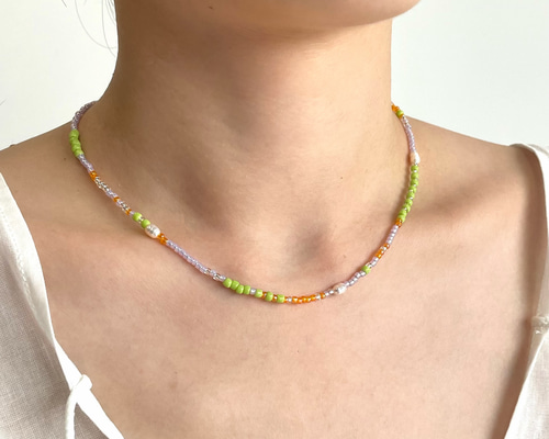 3WAYビーズアクセサリー 淡水パール シルバー＆黄緑＆紫＆オレンジ