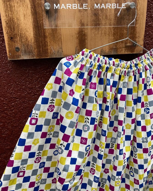 パープル:市松模様　小花　ふんわりスカート　大人スカート　ギャザースカート　和柄　和風 2枚目の画像