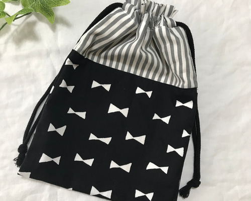 給食袋 巾着袋 リボン柄 ストライプ 裏地付き 給食袋 irodori