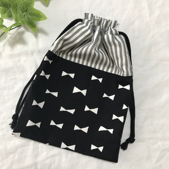 給食袋 巾着袋 リボン柄 ストライプ 裏地付き 給食袋 irodori