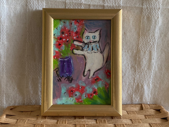 絵画。原画手描き【花を植えるのが好きな白猫ちゃん】 1枚目の画像