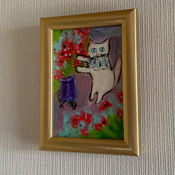 絵画。原画手描き【花を植えるのが好きな白猫ちゃん】 5枚目の画像