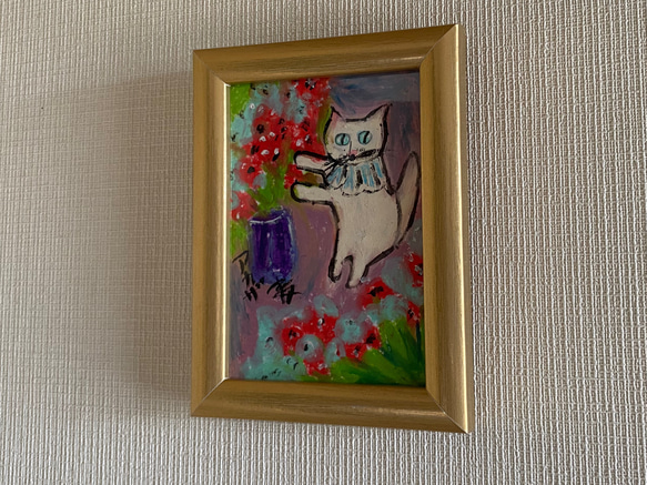 絵画。原画手描き【花を植えるのが好きな白猫ちゃん】 5枚目の画像