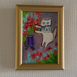 絵画。原画手描き【花を植えるのが好きな白猫ちゃん】 4枚目の画像
