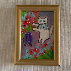 絵画。原画手描き【花を植えるのが好きな白猫ちゃん】 6枚目の画像