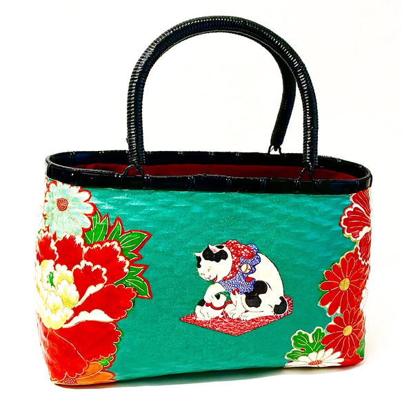 一閑張りバッグ中袋付き　『親・猫と花シリーズ』　浮世絵仕上げ 1枚目の画像