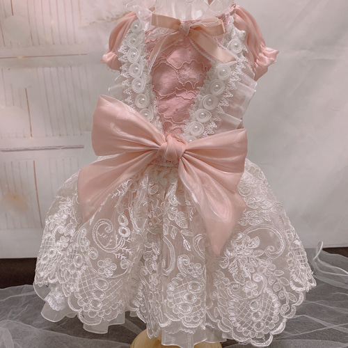 ホワイトレースのふりふりピンクワンピースドレス ペット服