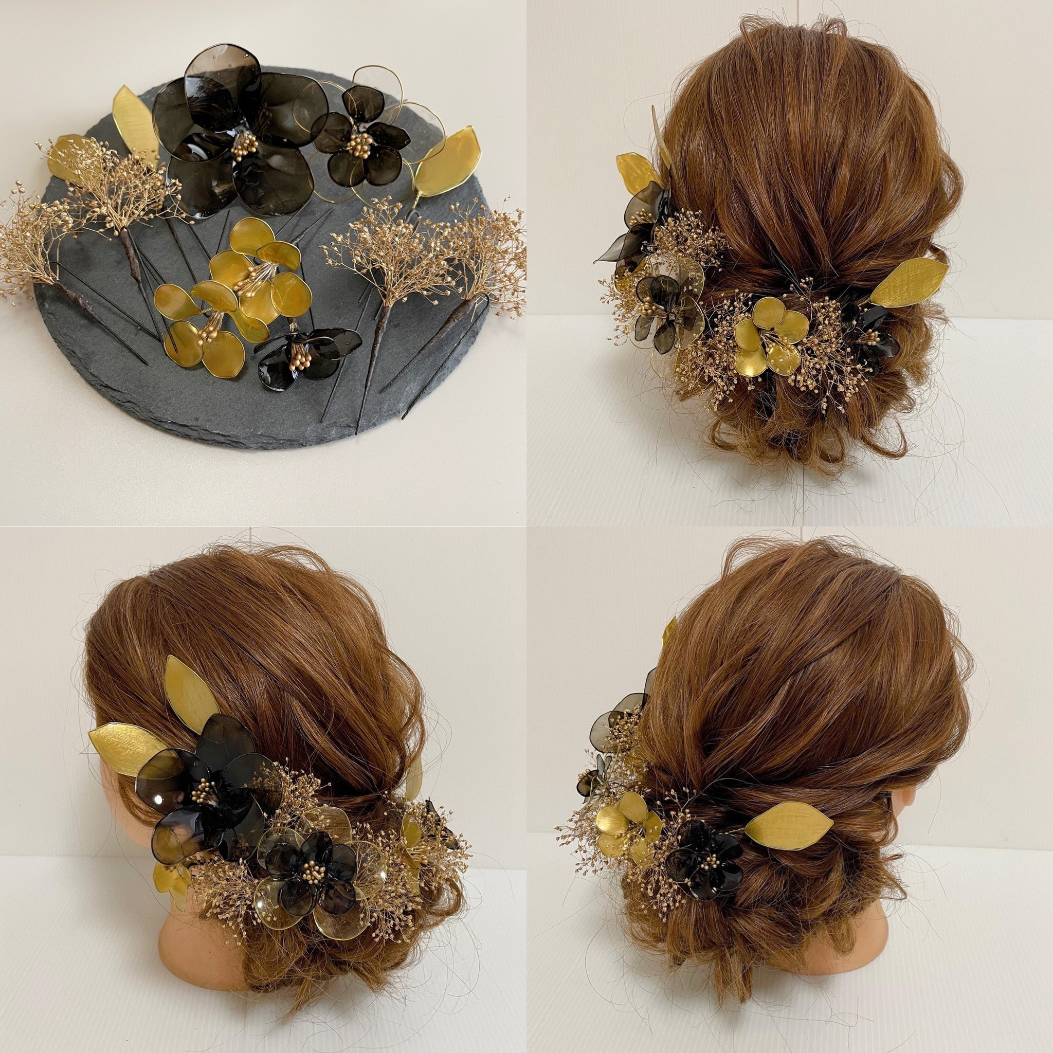 アメリカンフラワー 黒ゴールド ヘッドドレス ドライフラワー 和装 成人式 髪飾り ウェディング 結婚式 卒業式 振袖
