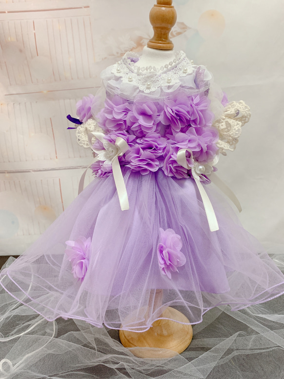 犬猫うさちゃん服　アプリコットカラー、紫色のお花畑レースドレス 16枚目の画像