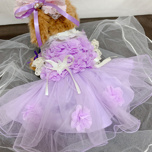 ちこりん。お花いっぱいのドレスを着た猫さん。お花ワンピースを着た猫さん 犬猫うさちゃん服 カラフルフラワーの3D立体ロング丈ドレス