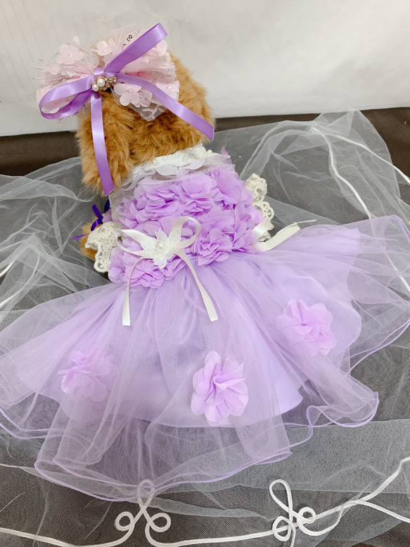 犬猫うさちゃん服　アプリコットカラー、紫色のお花畑レースドレス 3枚目の画像