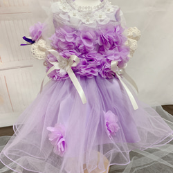 犬猫うさちゃん服　アプリコットカラー、紫色のお花畑レースドレス 4枚目の画像