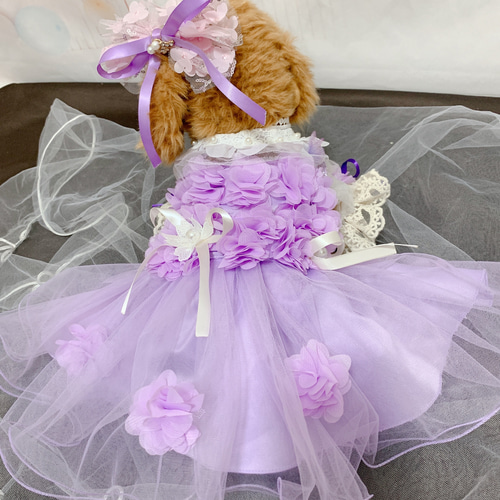 犬猫うさちゃん服 アプリコットカラー、紫色のお花畑レース