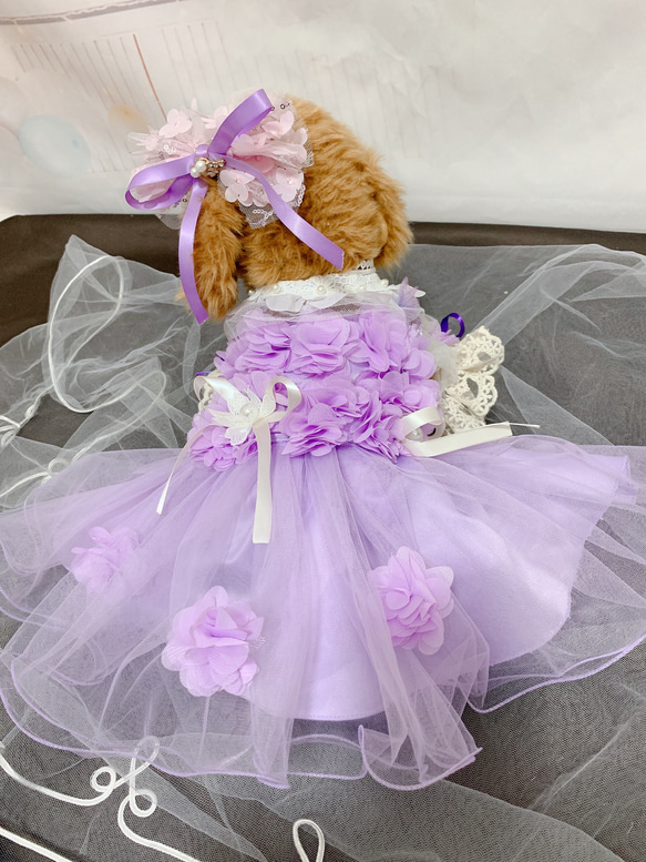 犬猫うさちゃん服　アプリコットカラー、紫色のお花畑レースドレス 14枚目の画像