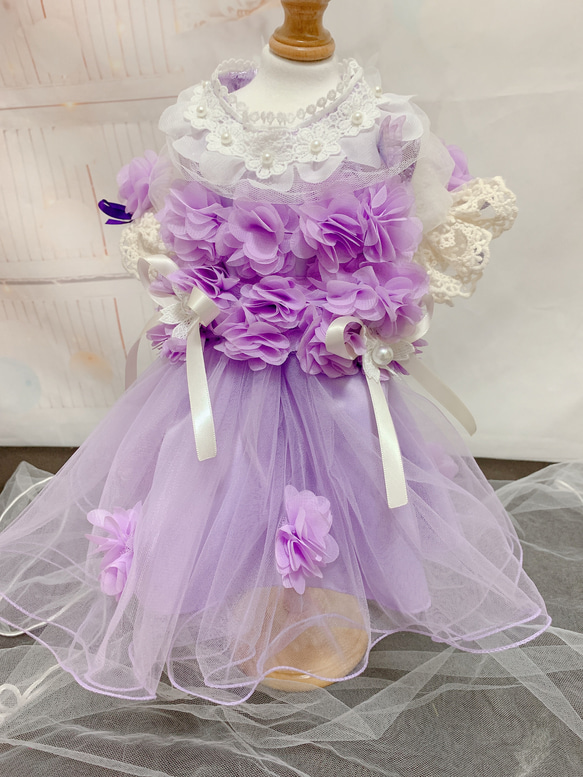 犬猫うさちゃん服　アプリコットカラー、紫色のお花畑レースドレス 2枚目の画像