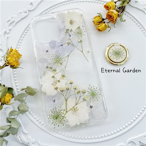 紫陽花、押し花スマホケース、全機種対応、iFace風、手帳型、iPhone15  