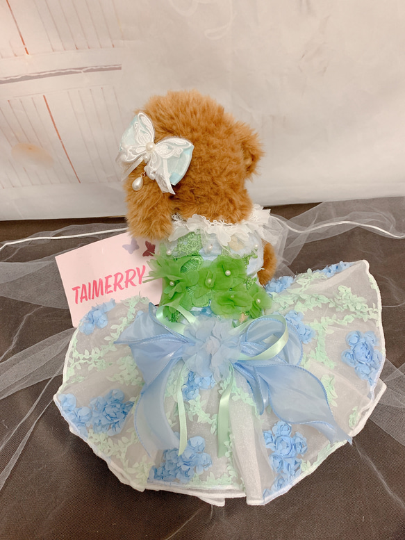 限定1着！犬猫うさちゃん服　Blue× Greenの小花ワンピース 7枚目の画像