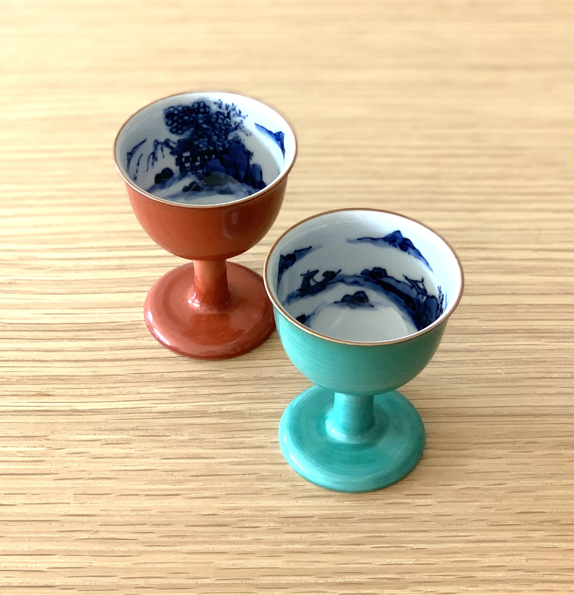 【京焼・清水焼】京都　水野春陽窯　馬上杯　ペア　山水　ぐい呑み