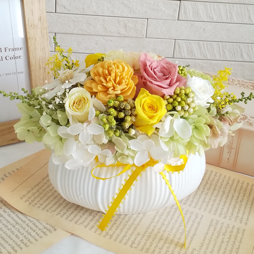 プリザーブドフラワー楕円形陶器アレンジメント✨20cm ふわふわ紫陽花