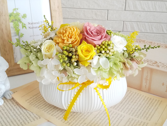 プリザーブドフラワー楕円形陶器アレンジメント✨20cm ふわふわ紫陽花