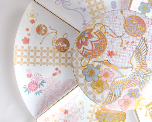 陶器の3段お重＋扇のお皿5枚セット〜鶴の舞〜 お椀・ボウル・鉢