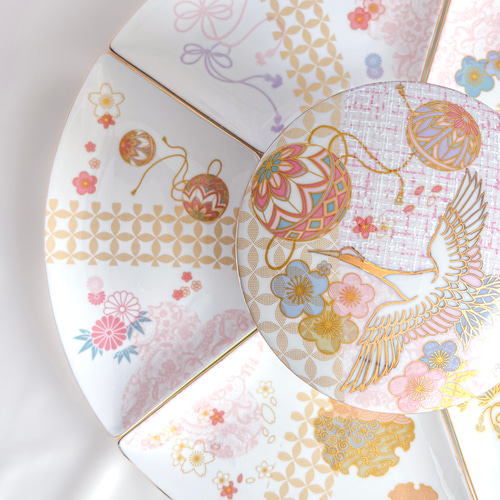 陶器の3段お重＋扇のお皿5枚セット〜鶴の舞〜 お椀・ボウル・鉢