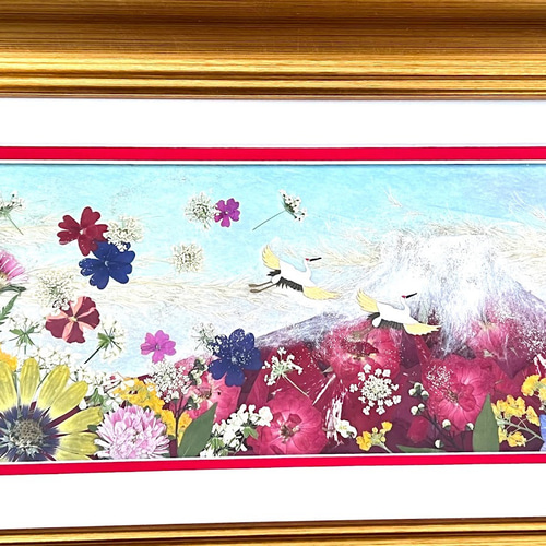 押し花絵『夕暮の集落』　希少品 絵画 押し花額 さとふる限定】押し花絵(36額 ) 生け花風押し花