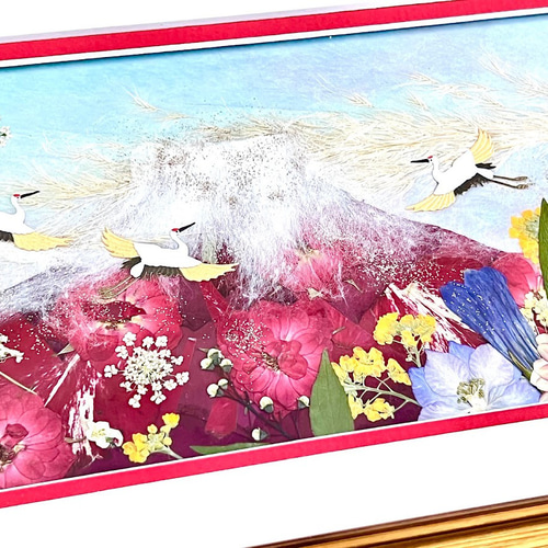 縁起の良い幸運の赤富士風水額 押し花アート16 その他アート