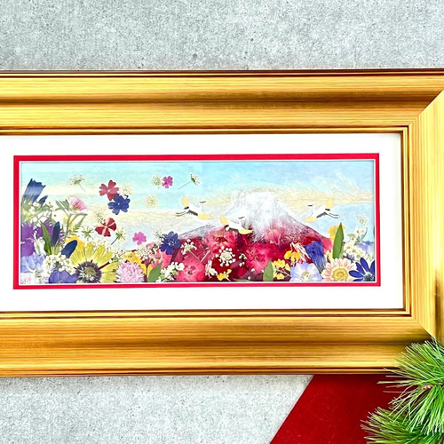 押し花アート 額縁込み (54cm×44cm) 赤華 縁起の良い幸運の赤富士風水額 押し花アート15 神戸六甲 優花