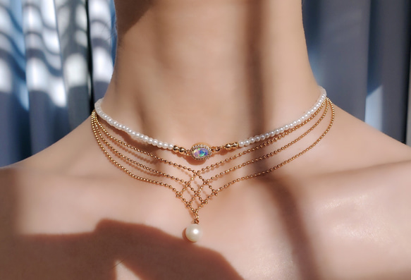 オパール パール 人工 チョーカーネックレス レースネックレス 真珠 ロマンチック キラキラ 16枚目の画像